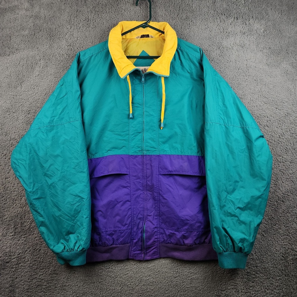 VTG 90s Windbreaker Jacket Mens XLT Lined Hidden Hood Purple Teal Color Block